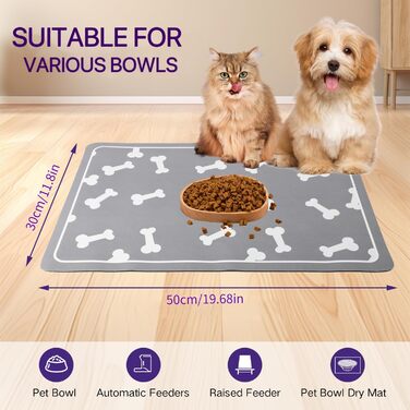 Килимок для годування собак і котів, 60x40 см, вбираючий, нековзний, великий, легко миється, швидко сохне (Світло-сірий)