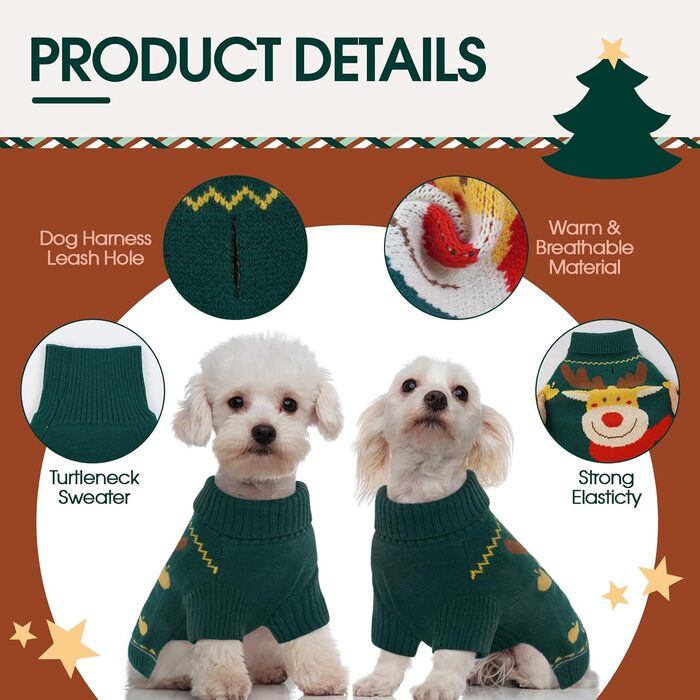 Пуловер для собак Kuoser на Новий Рік, теплий в'язаний пуловер для цуценят, м'який зимовий одяг для собак, святковий пуловер з оленем для маленьких та середніх собак, зелений L, зелений