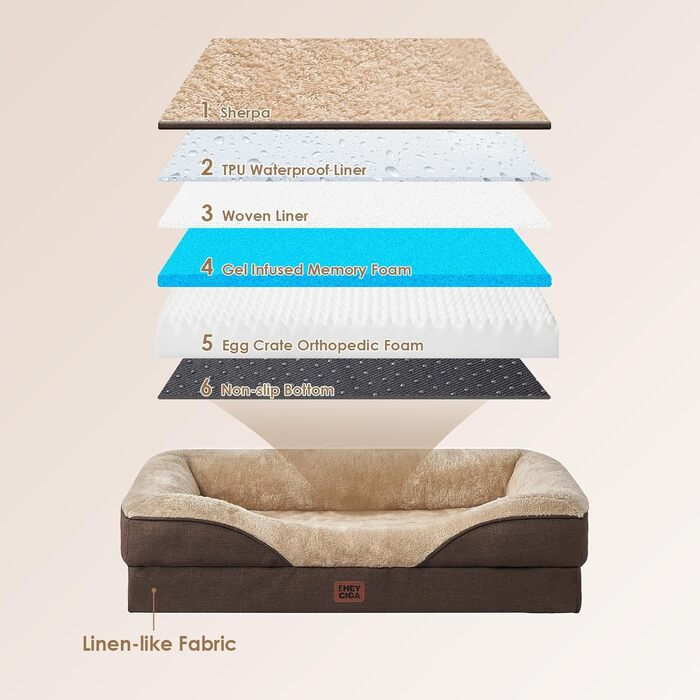 Ортопедичне ліжко для собак великих порід EHEYCIGA, 106x76x18.5 см, з піною з пам'яті, миється, водонепроникне, коричневе