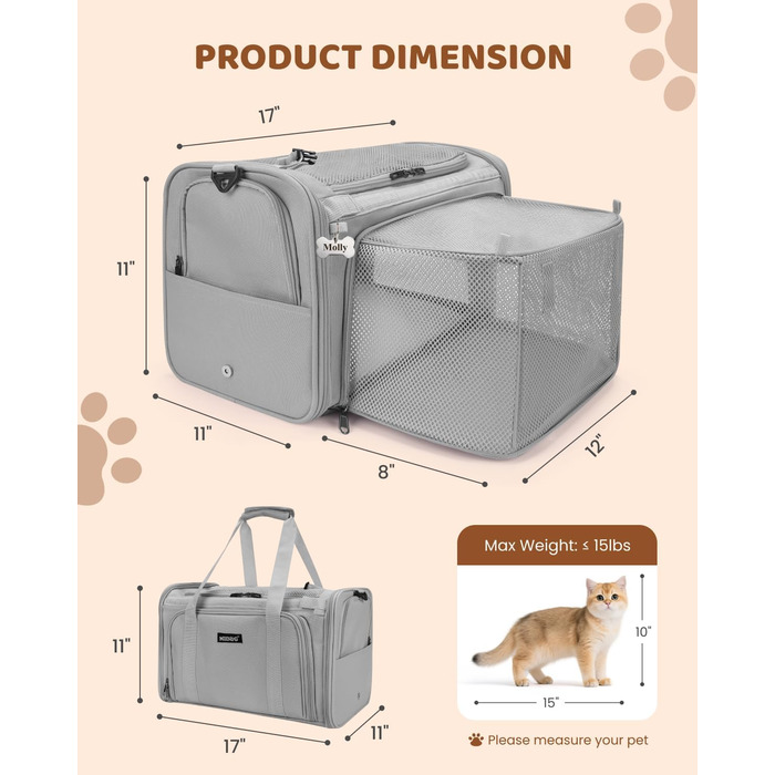 Трансформер для котів MIDOG: м'яка переноска з TSA-сертифікацією, для подорожей літаком, під сидіння, розширюваний об'єм, надійні застібки, оливковий/листяний колір