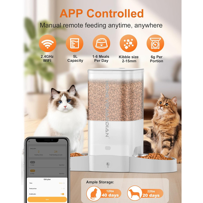 Автоматичний годівниця для котів HoneyGuaridan з Wi-Fi, 2 миски, 5 л, білий