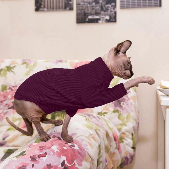 Теплий жилет для безшерстних котів з коміром-гетром, дихаючий, милий одяг для кошенят, теплий костюм для Sphynx, Cornish Rex, Devon Rex, Peterbald (XS, фіолетовий)