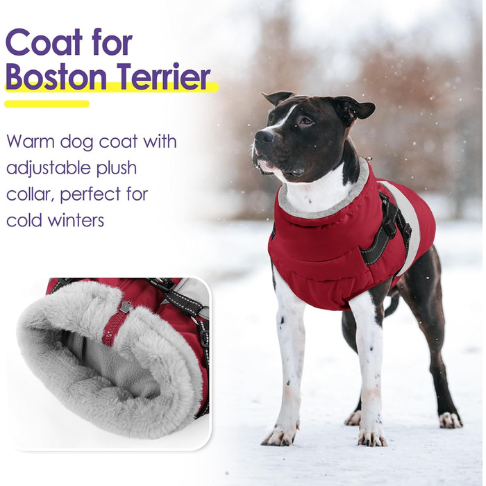 Зимовий теплий одяг для собак SUNFURA: великий куртка з інтегрованим шлейкою, водонепроникний флісовий костюм для собак, з хутряним коміром, для Французького бульдога (Large, Бордовий)