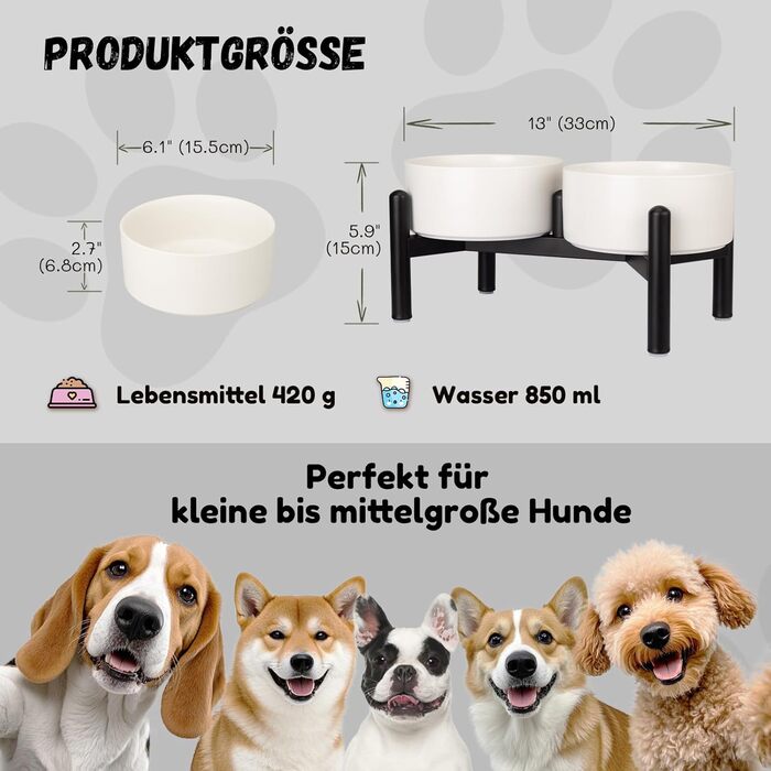 Підвищена годівниця для собак, набір - 2 годівниці з кераміки на металевому стійці, 850 мл, для малих та великих собак, колір: білий, розмір: середній