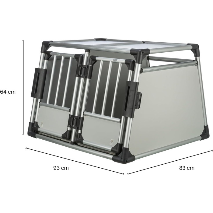 Трійзі Двомісна переносна клітка для собак з алюмінію, 93 x 64 x 83 см, з висувною перегородкою, безпечним замком, неслизьким килимком - 39345 срібна, L 93 x B 83 x H 64 см