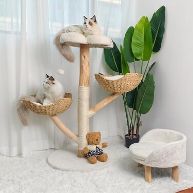 Кігтеточка BingoPaw Modern для котів: дерев'яна кігтеточка 111 см з 2 кошиками з лози, сизалевим стовпом, платформою та плюшевим м'ячиком. Велика кігтеточка-вежа для кількох котів.