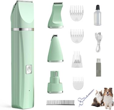 Машина для стрижки собак та котів 4-в-1, з 4 насадками, триммер для лап, точилка для кігтів, вологостійка, для тіла, обличчя, зеленого кольору