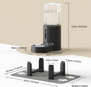 Автоматичний диспенсер для води для собак та котів CZPET з нержавіючою чашею, гравітаційна подача води, 100% BPA-free, велика ємність, тихий, чорний, 9 л + стійка + килимок