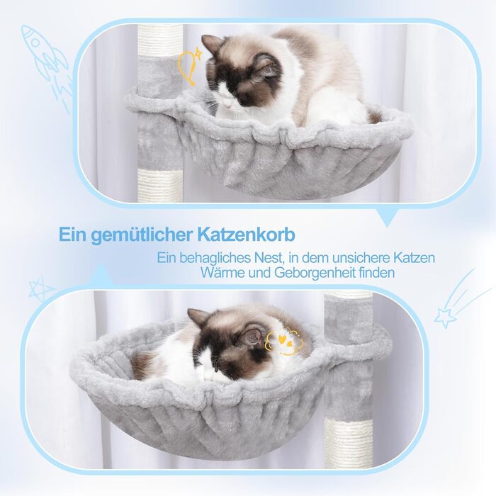 Котячий будиночок Hey-brother XXL для великих котів, 180 см, сірий, з 3 платформами, 2 кошиками та великою печерою