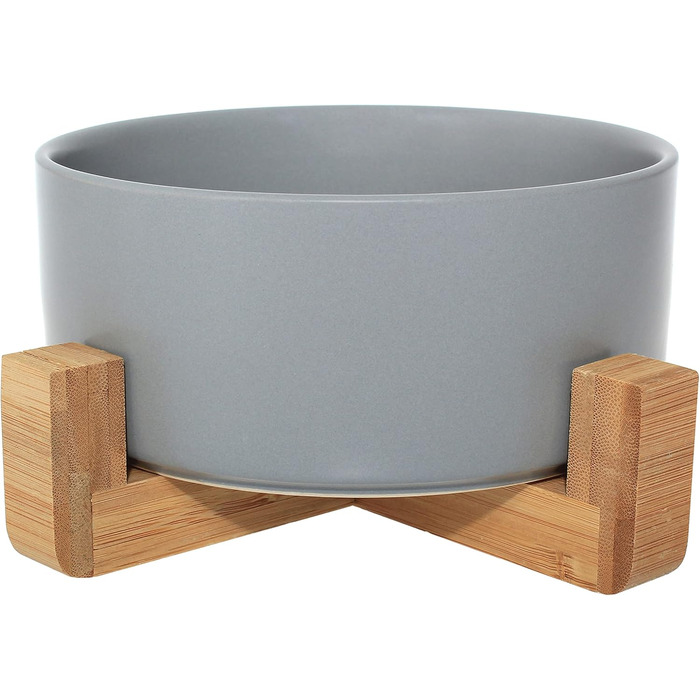 Керамічна миска для собак та котів Pet Wiz з бамбуковим підставкою, піднята миска для зручної позиції під час їжі та пиття, 850 мл, 5 кольорів (Мормаретний сірий, Жовтий, Сірий, Рожевий, Білий)