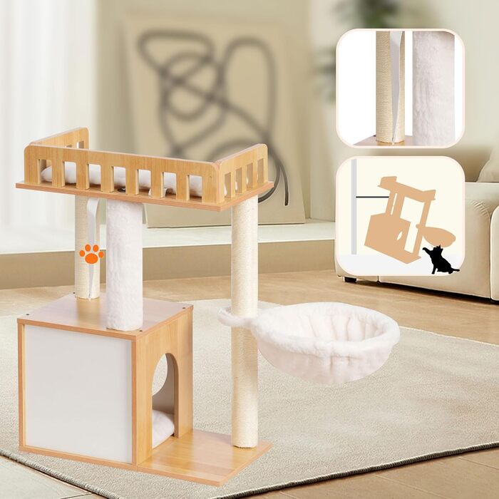 Дерев'яна кігтеточка Heybly HCT007SSR для котів: кігтестоїка-стійка з платформою 30x50 см, будиночком та 2 сизалевими стовпчиками, коричнева