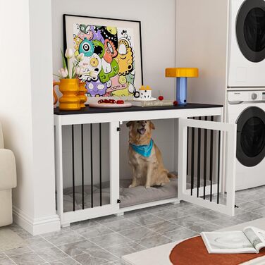 Будка для собак для дому – дерев'яно-металевий вольєр для маленьких собак, меблевого стилю з дверцятами, вантажопідйомність до 50 кг, 136 x 56 x 70 см – сучасний дизайн для дому