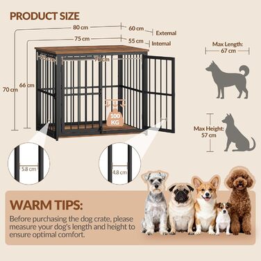 Будиночок для собак 100 см, дерев'яна собача клітка з 3 дверима, вінтажний коричневий, для середніх та великих порід, 100x60x70 см