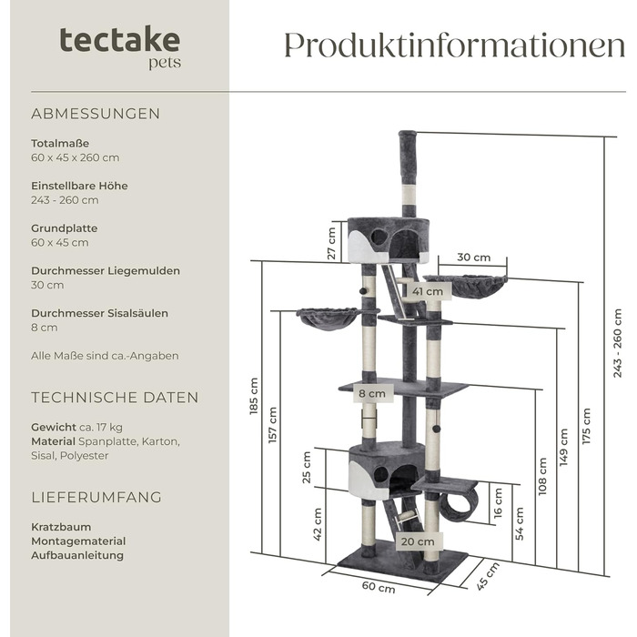 Tectake Котячий дряпка XXL, регульований 243-260 см, з драбинкою, будиночком, тунелем, лежанкою та сизалевими стовпами, сірий/білий
