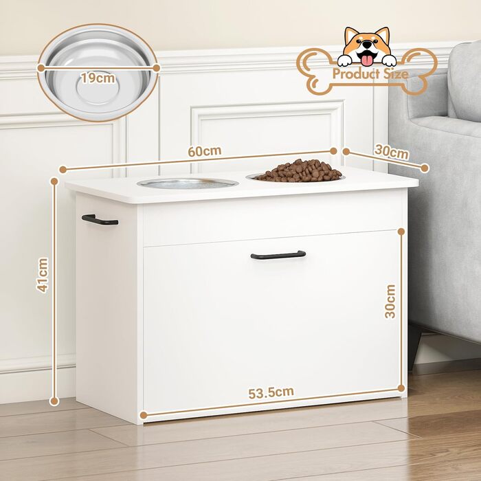 Підвищений годівниця для собак великих порід, білий футерний шафчик з 2 нержавіючими мисками, станція для годування собак з місцем для зберігання та 3 ручками, годівниця для собак на підставці, бар для собак середніх порід, 60x30x41 см