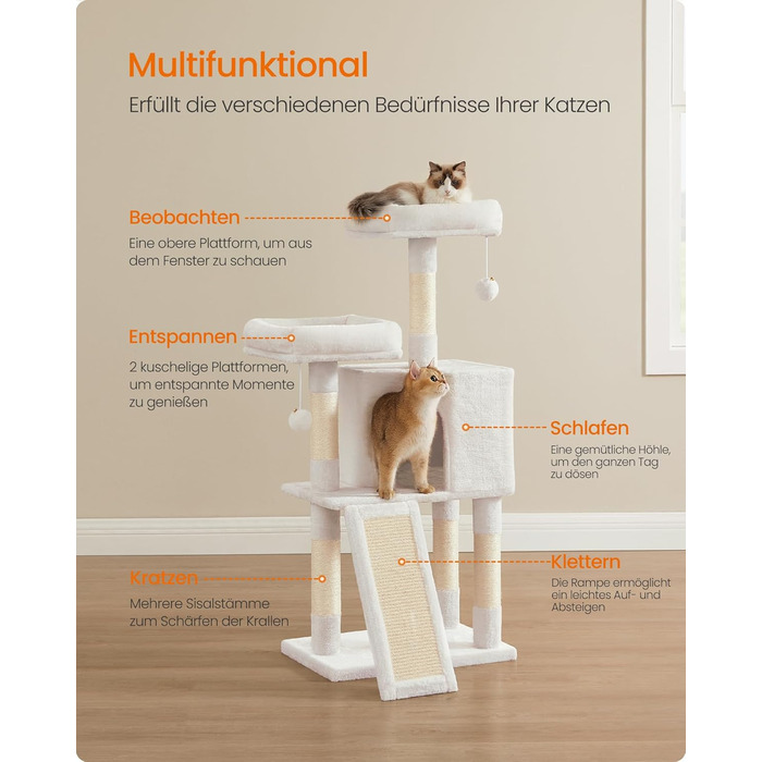 Дряпка для котів Feandrea, 115 см, кремово-білий колір, з дряпальним покриттям, 50 x 35 x 115 см