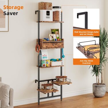 Підвищена годівниця для собак LitaiL з місцем для зберігання та двома антиковзними килимками, для великих собак, регульована висота, кріплення на стіну, колір вінтажний коричневий