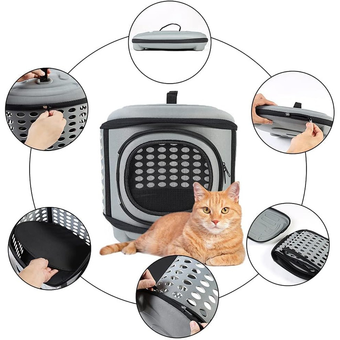 Складана переноска для котів та маленьких собак сірого кольору з м'якою підстилкою