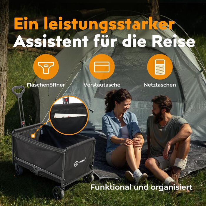 Складаний візок Bollerwagen 120L, до 120 кг з дощеміцким покриттям, тримачем для напоїв, світловідбиваючими смугами. Ідеальний для собак, покупок, кемпінгу, пляжу, транспортування та відпочинку на природі.