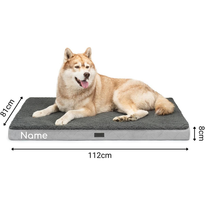Ортопедичне ліжко для собак Lionto, 112x81x8 см, з м'яким плюшем, знімний та пральний чохол, водовідштовхувальне, для собак та котів, сіре (з нанесенням імені)
