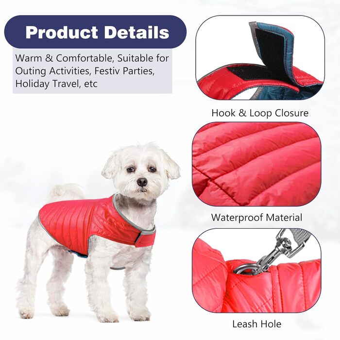 PETCUTE Змінна куртка для собак, тепла зимова куртка-жилетка для цуценят, водонепроникний одяг для домашніх тварин, регульована водонепроникна куртка для собак, з отвором для повірця, ідеальна для зими (2XL, Червоний+Синій)