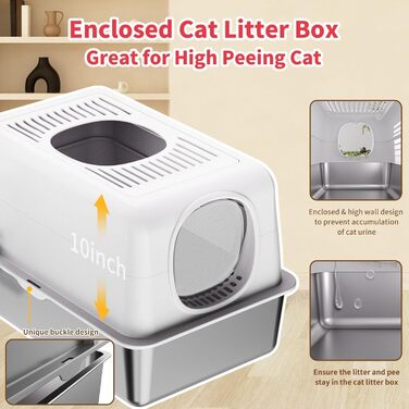 Набір для туалету котів з нержавіючої сталі з кришкою, великий, для великих котів, з совочком та килимком (білий)