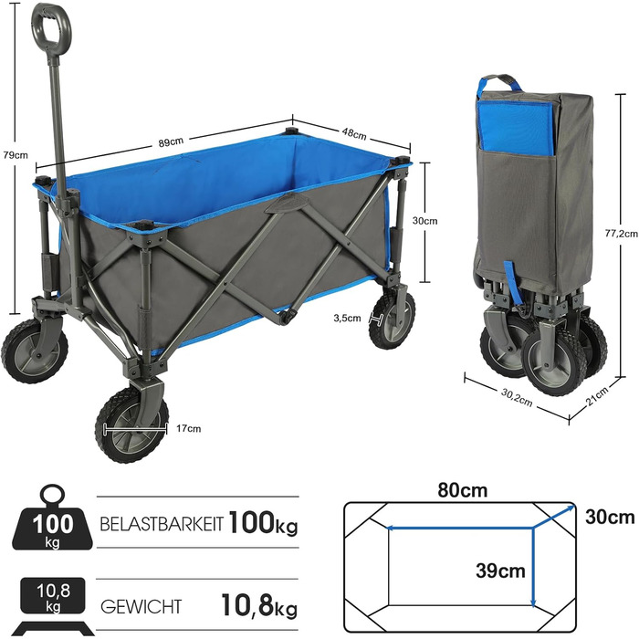 Складаний візок-тележка PORTAL знімний тканний дах, 100 кг, для кемпінгу, саду, пляжу, покупок, блакитний