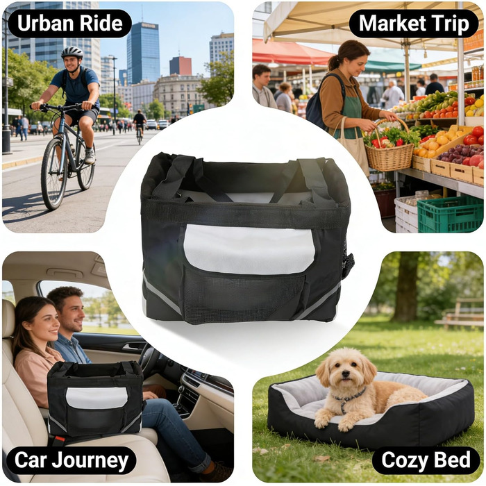 Фahrradkorb Für Kleine Hunde, Abnehmbarer Haustier Fahrradkorb Aus Stoff, 38x28x25cm - Leicht, Wasserfest, Schnelle Montage Für Fahrradlenker