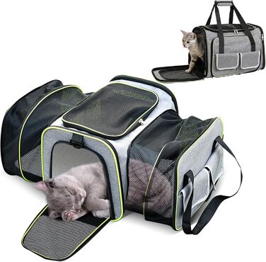 Транспортна сумка для кота PETCUTE, розкладна, з м'яким флісовим ліжком, для собак, з двостороннім доступом, дихаюча, з бічними кишенями, схвалена авіакомпаніями (S, світло-сірий)