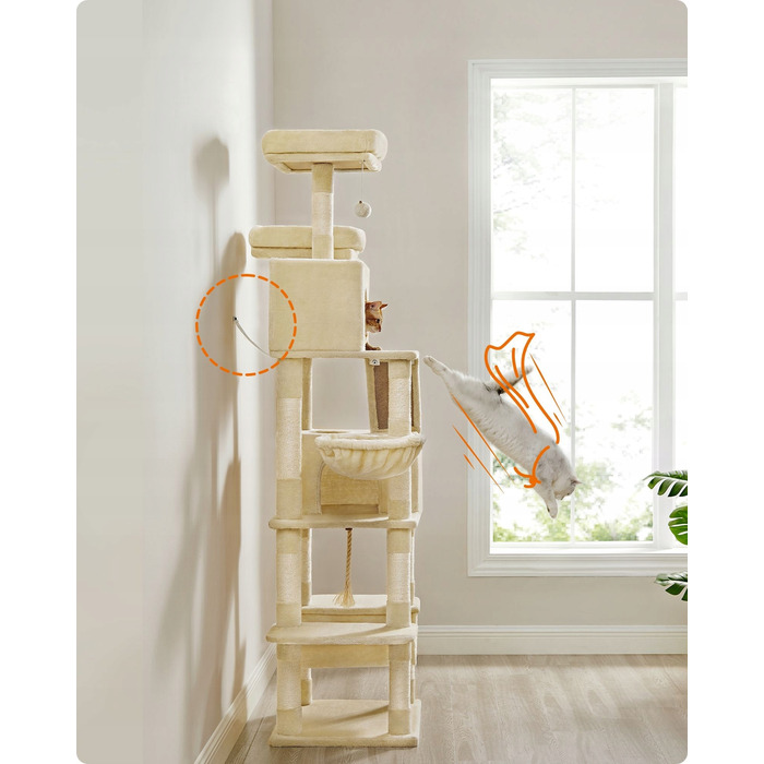Високий когтеточка-комплекс Feandrea бежевий, 206 см, для великих кішок XXL з гамаком та лежаком