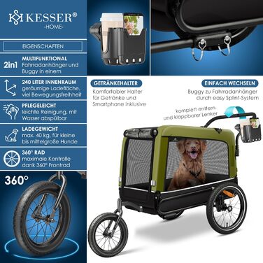 KESSER® причіп-візок для собак Boxer 3в1, велосипедний, прогулянковий, 240 л, 600D Оксфорд, амортизований, до 40 кг, з тримачем для напоїв