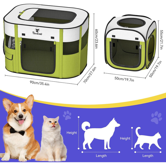 Pawaboo Зручний портативний вольєр для тварин, складаний вольєр для собак з водонепроникного оксфорду, клітка для котів з сумкою, мискою, для цуценят, котів, кроликів, для використання в приміщенні та на вулиці, зелений, M-80×60×55см, (2-в-1 вольєр, A-Біл