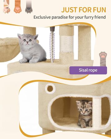 Драбина-кіготь для котів Hzuaneri MS15918YL, 159 см, бежева, з 8 стовпчиків, 3 платформ та 2 хованок