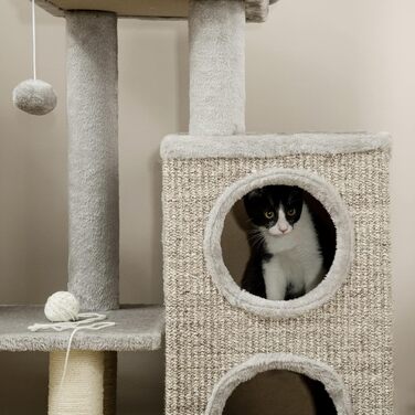 Когтеточка для котів PawHut 91 см, ігровий комплекс з 2 будиночками, сизалевий стовп, платформа, світло-сірий