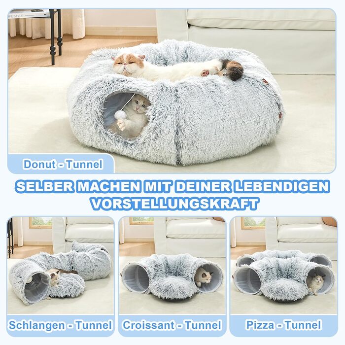 Туннель-іграшка для котів Jiupety з місцем для сну, великий, сірий, з підвісними кульками