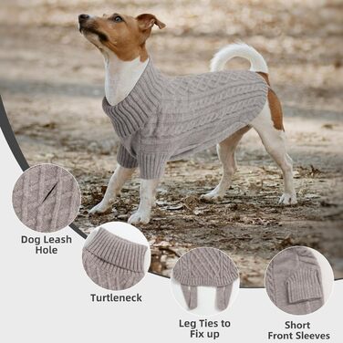 Теплий пуловер для собак середнього розміру з отвором для шлейки та петлями на ніжках, вязаний ролкраг. Підходить для Французького бульдога, Такси. Колір сірий, розмір L (Обхват грудей 54 см, довжина спини 40 см)