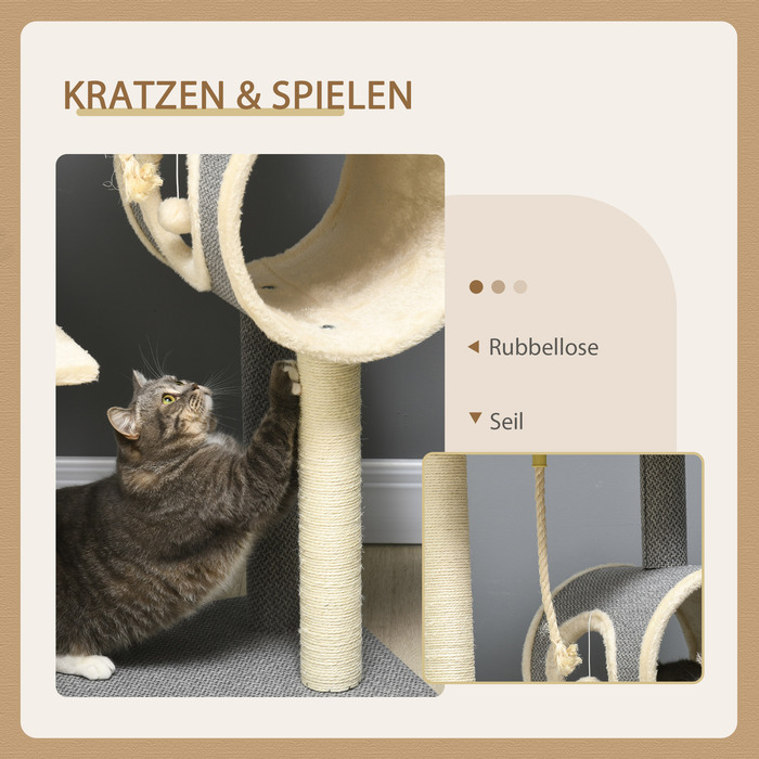 PawHut Cat Tree 104 см Cat Tree з котячою печерою, Кігтеточка для кішок з ігровим м'ячем, Cat Tree з 2 лежачими поверхнями, Лазіння по дереву для кішок до 5 кг, Меблі для кішок, Сизаль, Сірий | Аосом