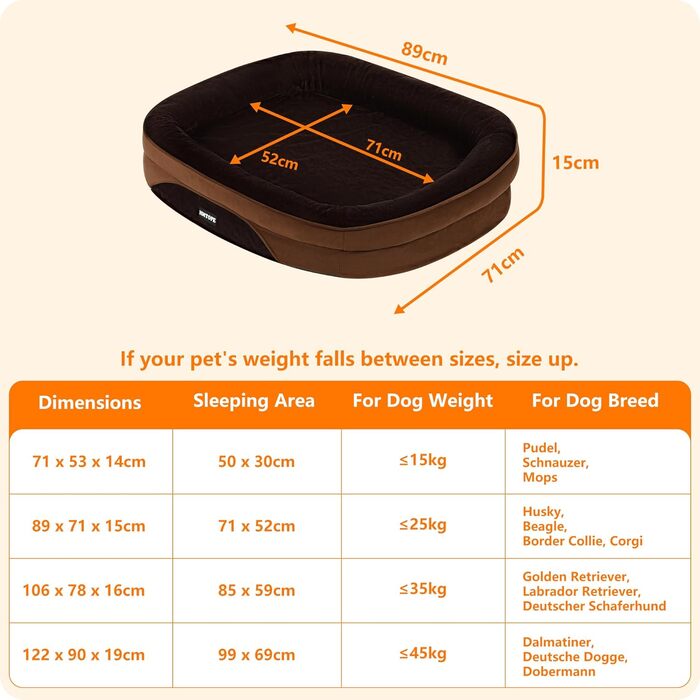 Ортопедичне ліжко для собак, ліжко-софа для собак з підголовником, кошик для собак з неслизьким дном, знімний та пральний, для маленьких та середніх собак, 90 x 71 x 15 см, коричневий