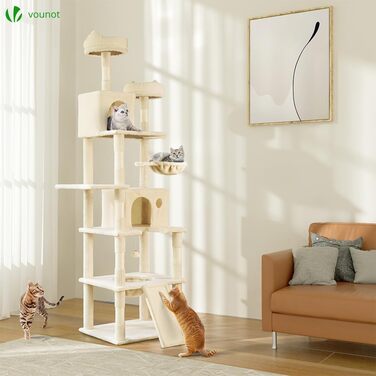 Двоповерховий котячий будиночок Vounot XXL (215 см), котячий комплекс з гамаком, корзиною та шматочками для дряпання, сірий та бежевий
