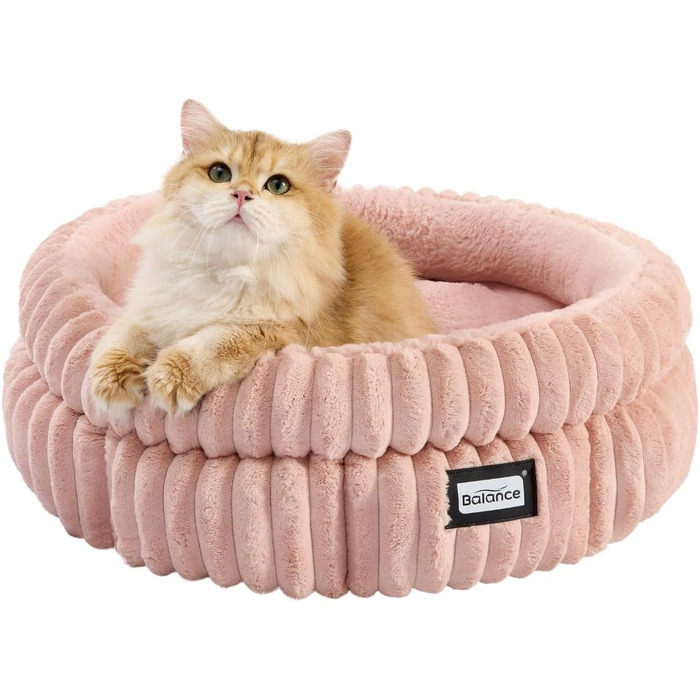 Кругле ліжко для котів BALANCE, м'яке, з плюшевого штучного хутра, з неслизьким дном, 60х60х23 см, зимовий колір білий/лісовий горіх