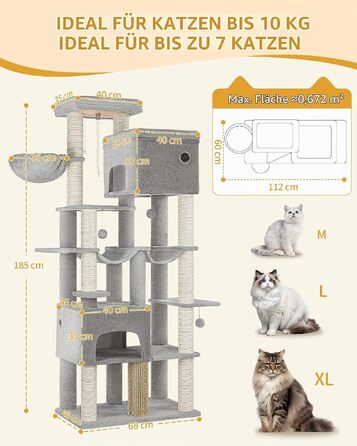Ігровий комплекс для котів Hzuaneri XXL: великий кігтеточильник (185 см) з 10 стовпчиками, світло-сірий, 68 x 45 x 185 см