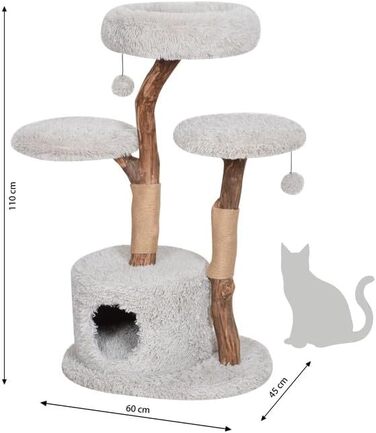 Dehner Premium Котячий кігтеточка Lovely, сучасний котячий комплекс з дерева, плюшу та сизалю, з будиночком та лежанкою, для великих і малих котів, стабільний, світло-сірий, 110x60x45 см