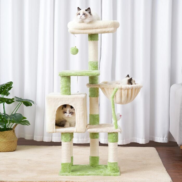 Комплекс для котів Heybly Kratzbaum HCT004SW: Дряпка-будиночок з іграшками, лежаком та сизалевими стовпчиками (43.3 см, зелено-бежевий)