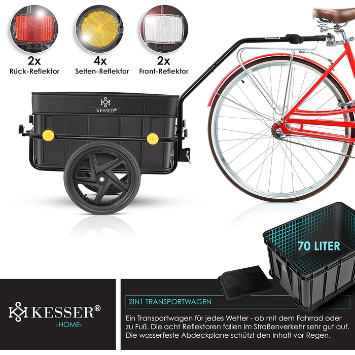 Причіп для велосипеда KESSER®: вантажний, ручний, з кутом висоти, об'єм 70 літрів (2 ящики для пива), чорний