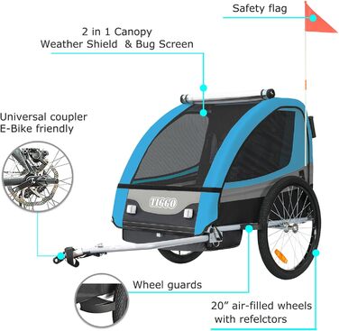 Дитячий причіп Tiggo 2 в 1: велосипедний причіп та біговий причіп для дітей, блакитний