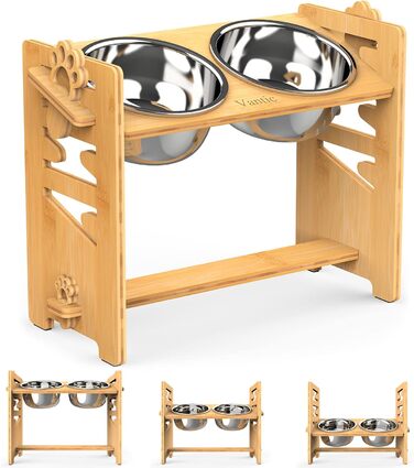 Підвищена годівниця для собак Vantic з підставкою, регульована годівниця для собак і котів, міцна годівниця-стійка з 2 нержавіюних мисок та неслизькими ніжками (для великих собак, бамбук)