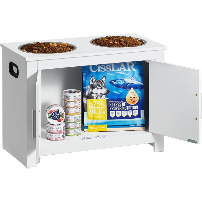 VEVOR шафа-кормниця для собак з 2 нержавіючими мисками 60x30x44 см, підвищена станція для годування з місцем для зберігання, біла, для великих собак