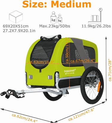 DOGGYHUT® Преміум велосипедний причіп для собак середнього розміру (до 23 кг), складаний, зелений