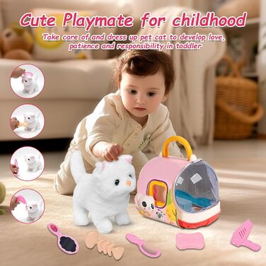 Інтерактивна іграшка-кіт для дітей: реалістичний плюшевий кіт, що ходить та муркоче, білий колір. Ідеальний подарунок для дівчаток 3-7 років