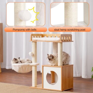 Дерев'яна кігтеточка Heybly HCT007SSR для котів: кігтестоїка-стійка з платформою 30x50 см, будиночком та 2 сизалевими стовпчиками, коричнева